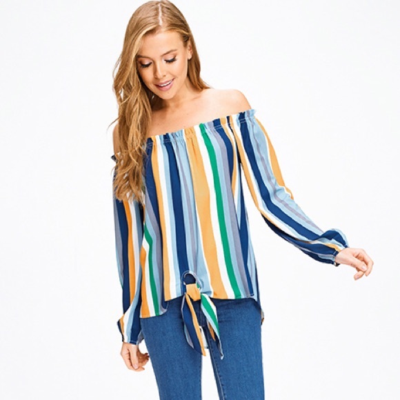 Montrez Tops - Multicolor Stripped Off-Shoulder Blouse